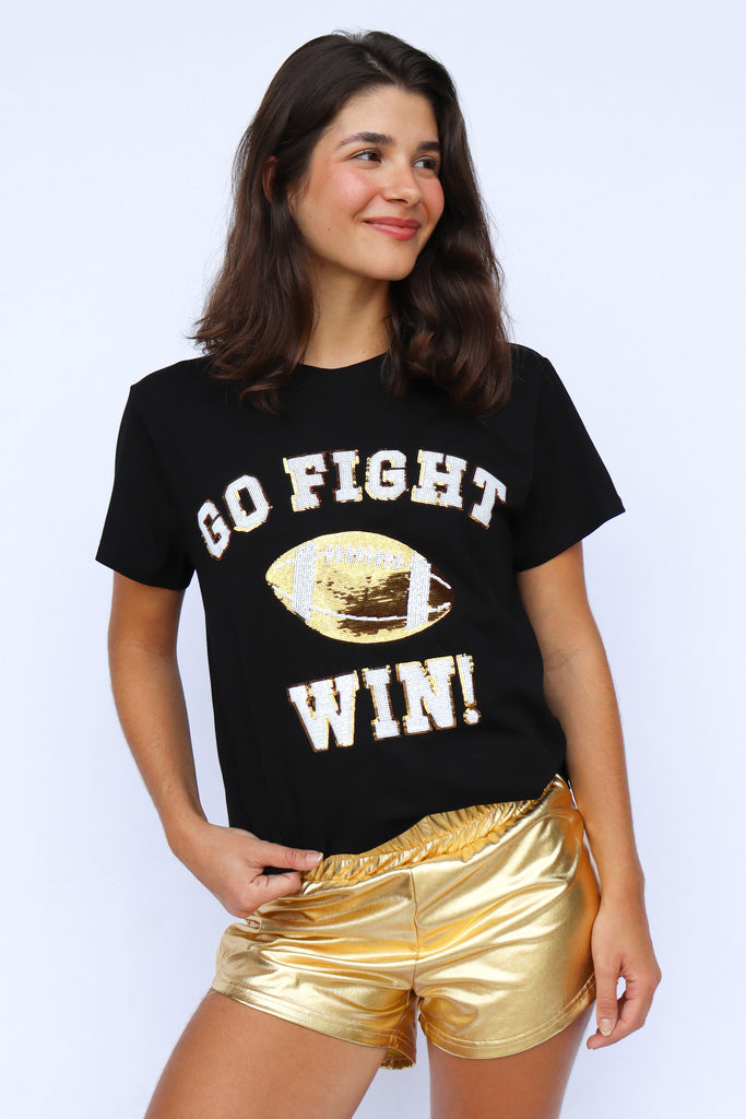 Go, Fight, Win Black And Gold Sequin Adult Shirt
