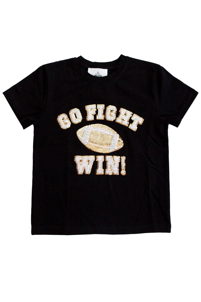 Go, Fight, Win Black And Gold Sequin Kid Shirt