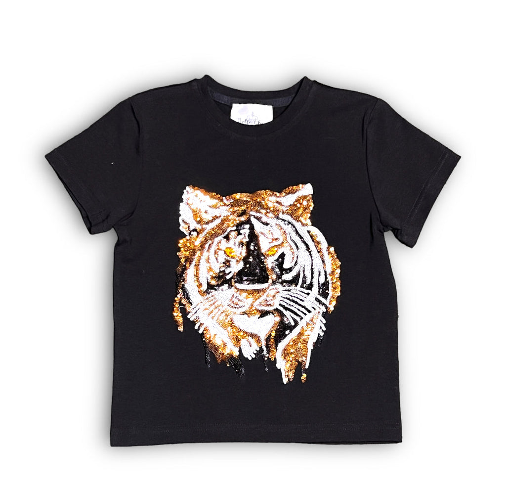 Black Tiger Face Sequin Adult Shirt