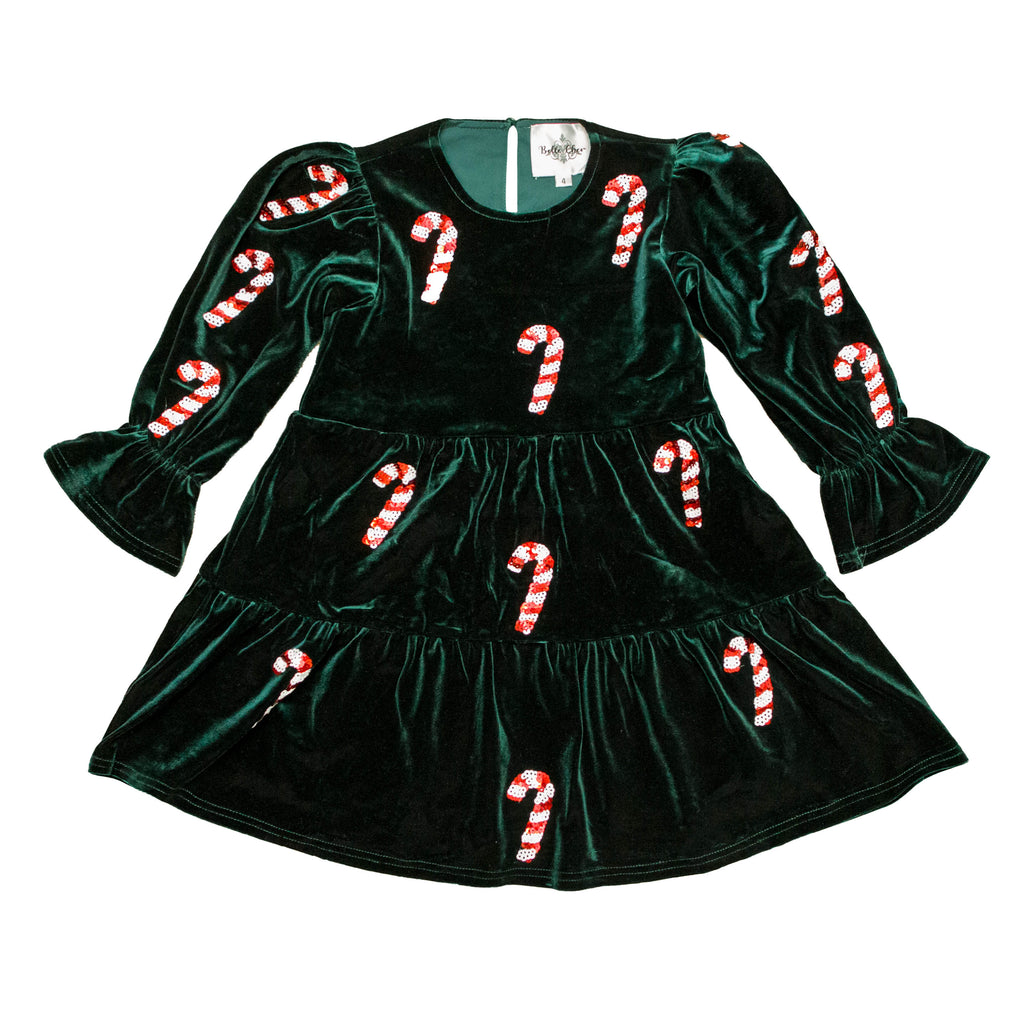 Candy Cane Green Velvet Kid Dress