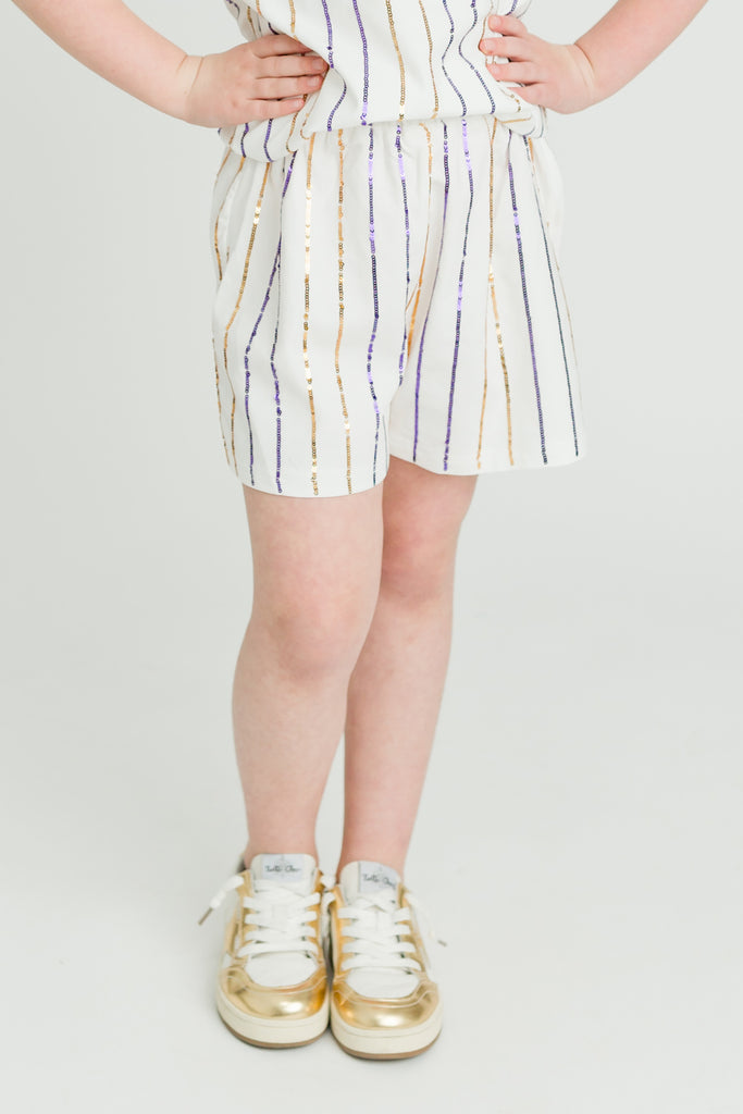 Purple and Gold Sequin Striped Kid Shorts 5 Purple and Gold Sequin Striped Kid Shorts 5