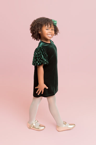 Green Velvet Puff Sleeve Dress