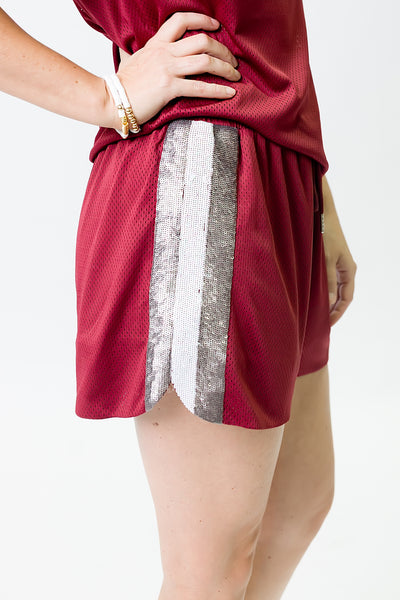 Maroon and Silver Sequin Shorts