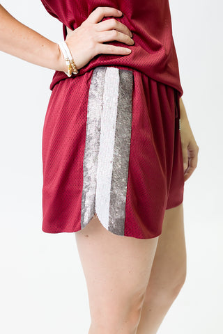 Maroon and Silver Sequin Shorts