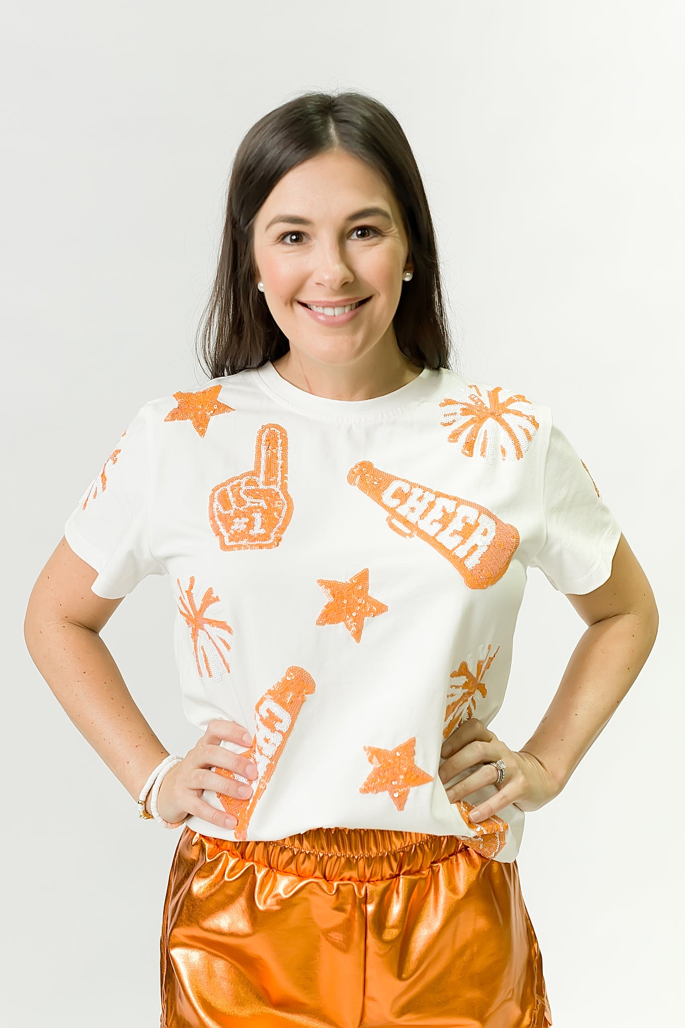 Women's Orange & White Cheer Sequin Tee