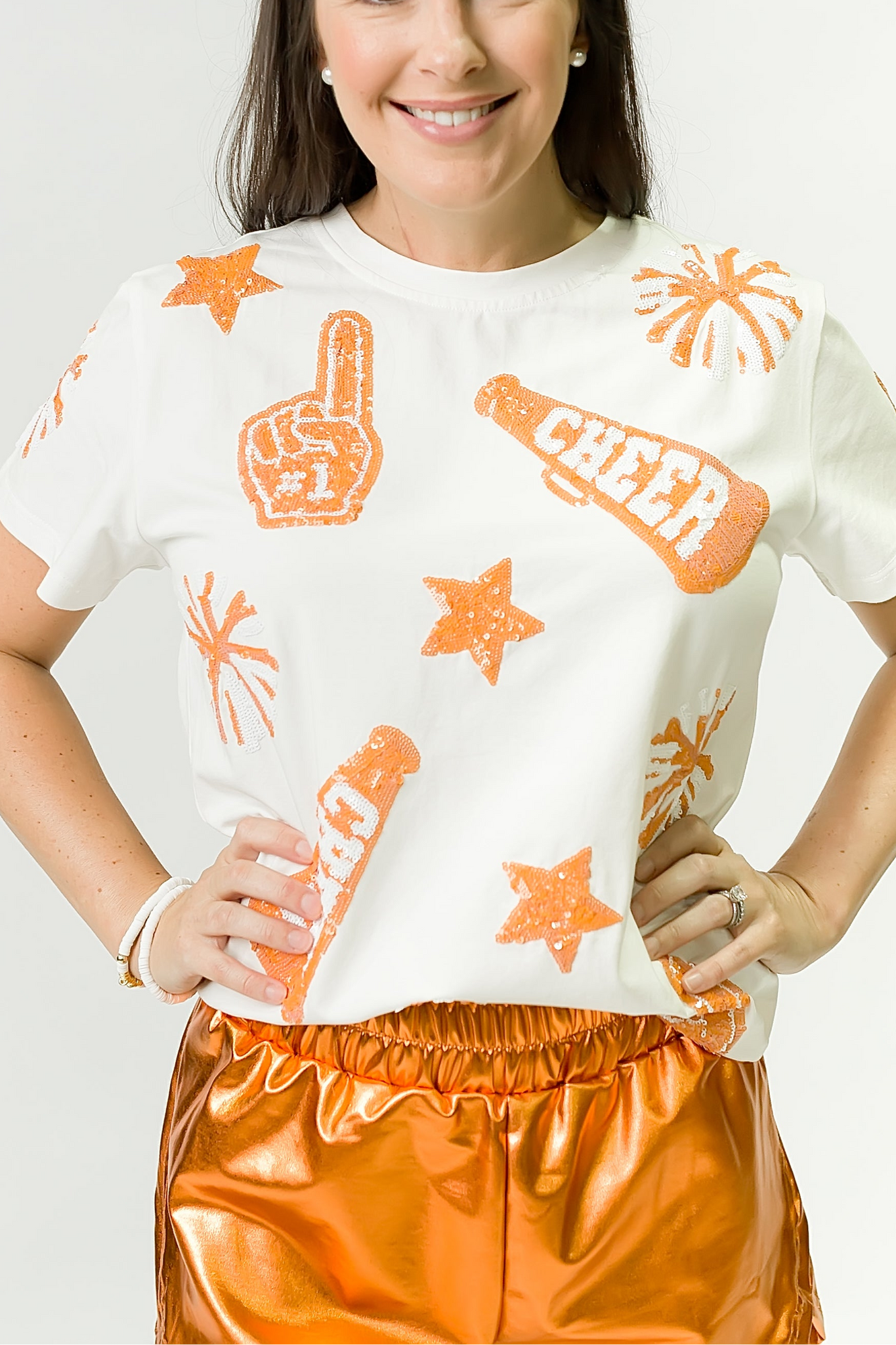 Women's Orange & White Cheer Sequin Tee