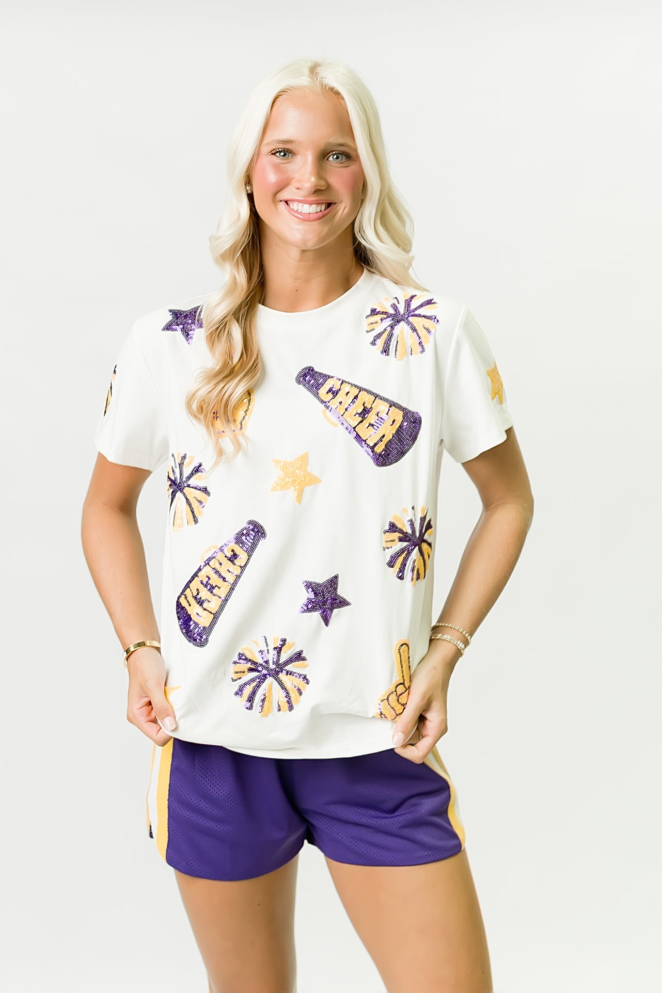 Women's Purple & Yellow Cheer Sequin Tee