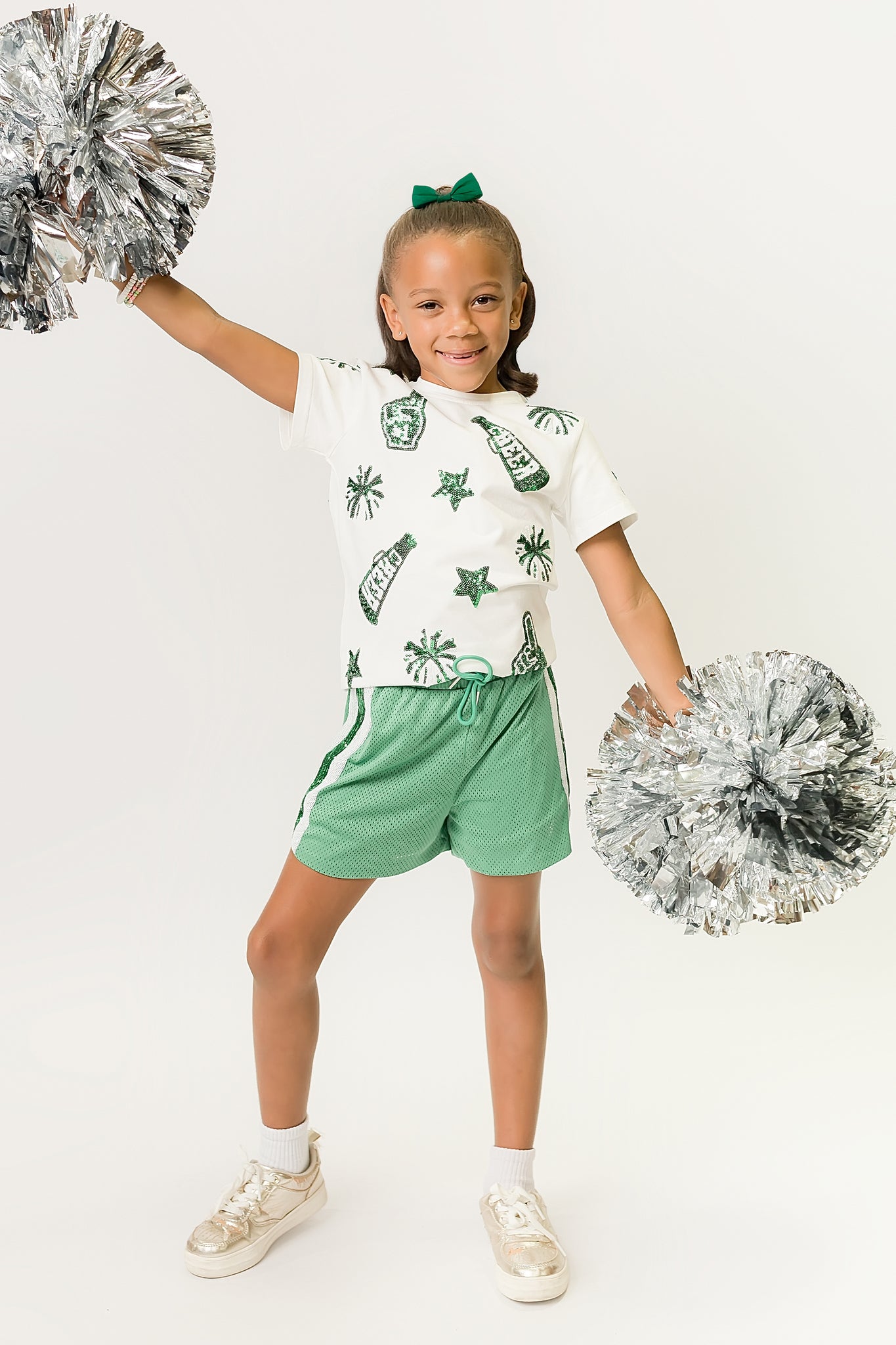 Kids' Green & White Cheer Sequin Tee