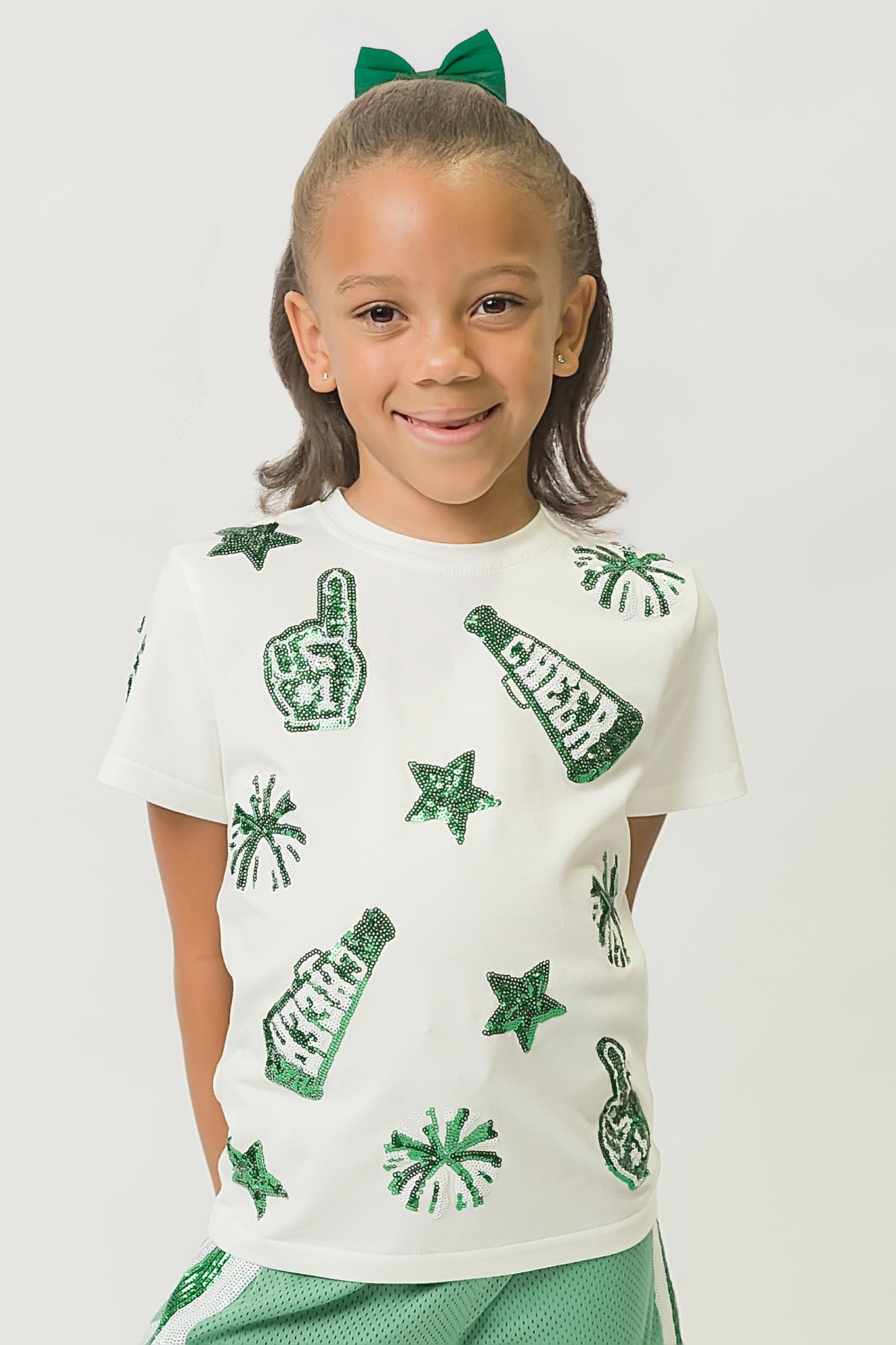 Kids' Green & White Cheer Sequin Tee
