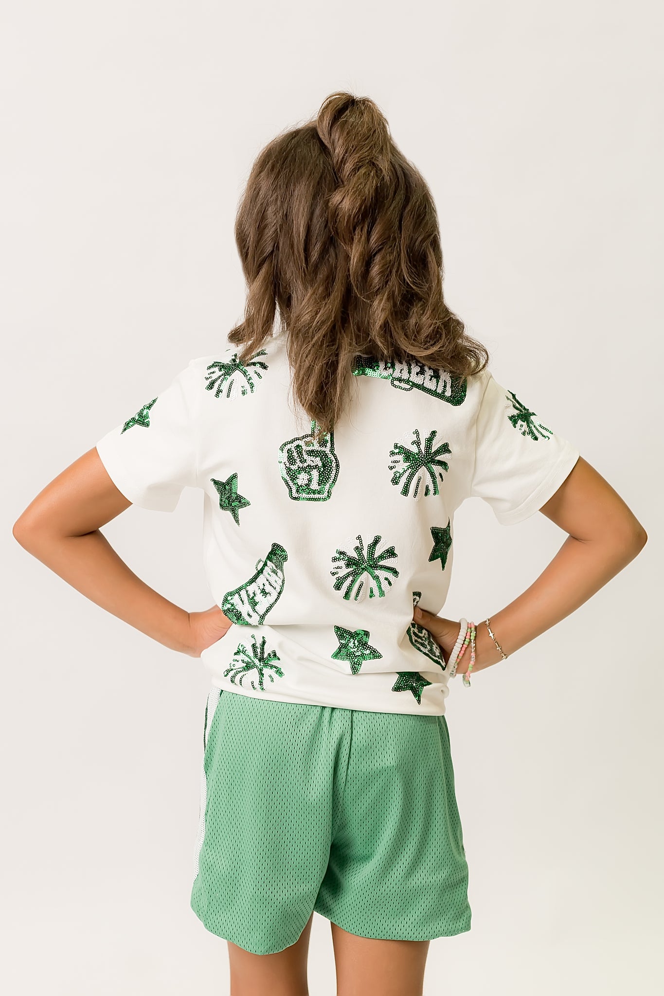 Kids' Green & White Cheer Sequin Tee