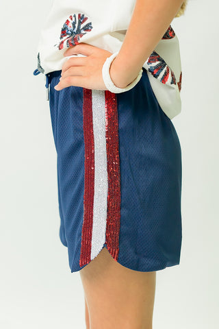 Navy Blue and Red Sequin Shorts