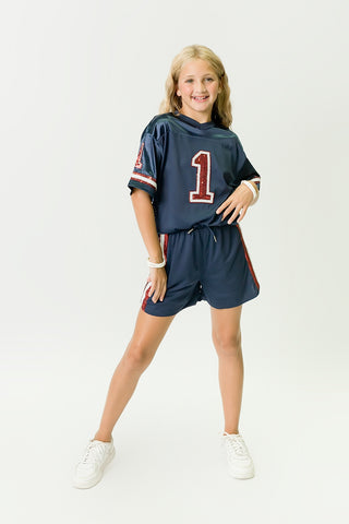 Navy Blue and Red Sequin Jersey