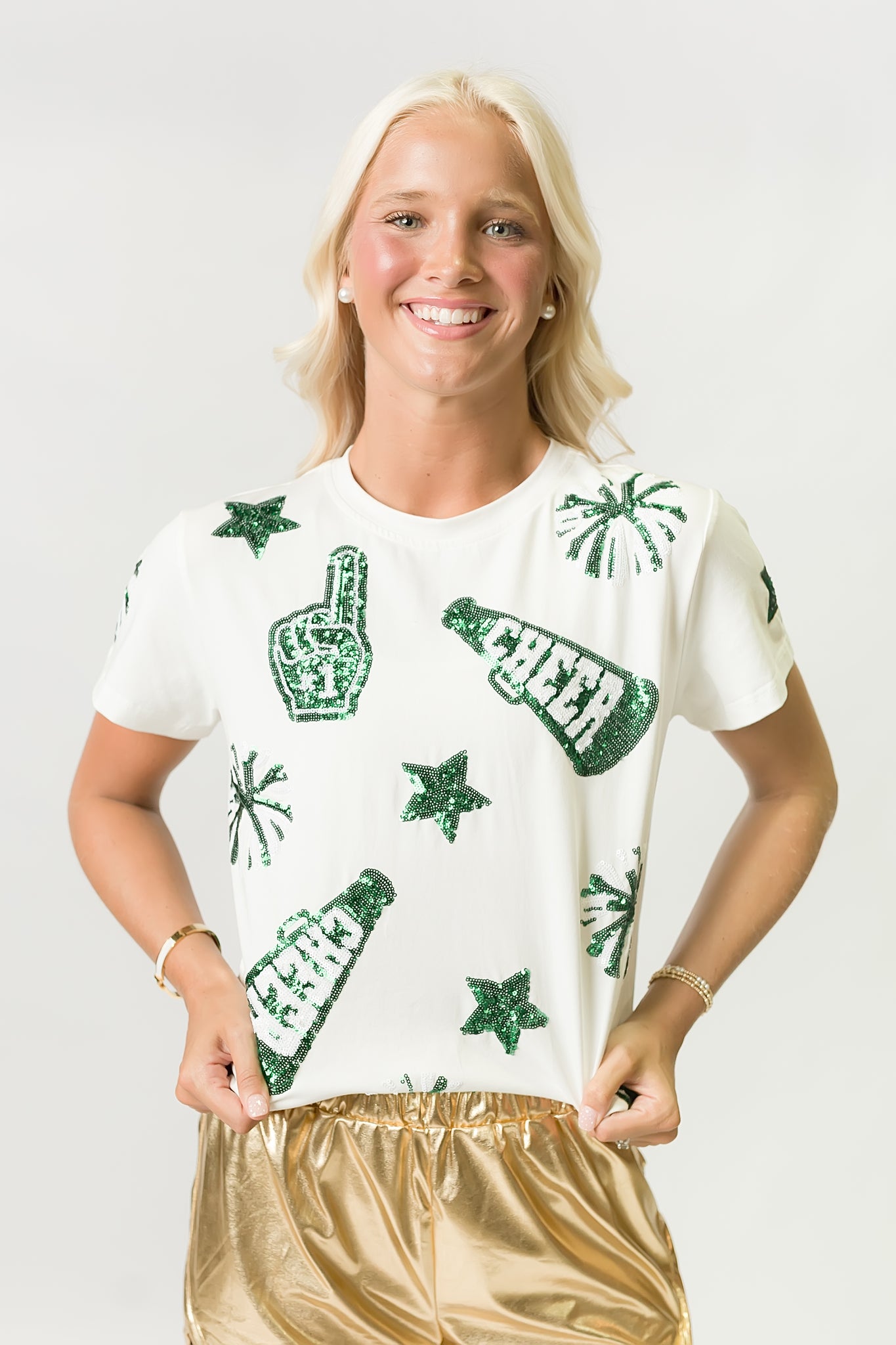 Women's Green & White Cheer Sequin Tee