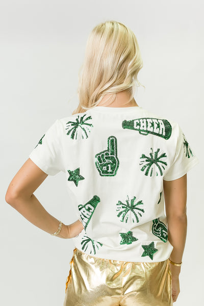 Green and White Cheer Sequin Shirt