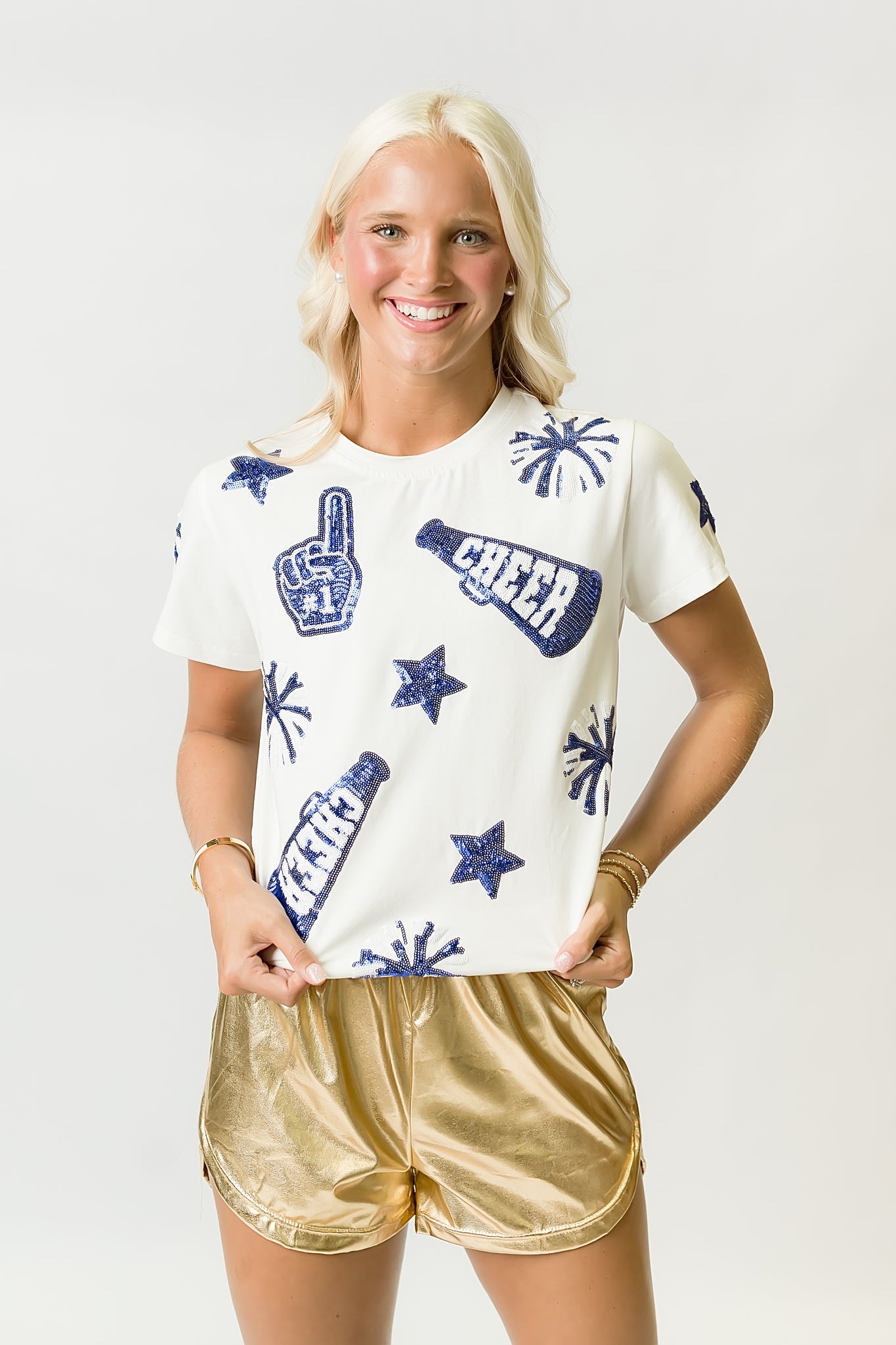 Women's Royal Blue & White Cheer Sequin Tee