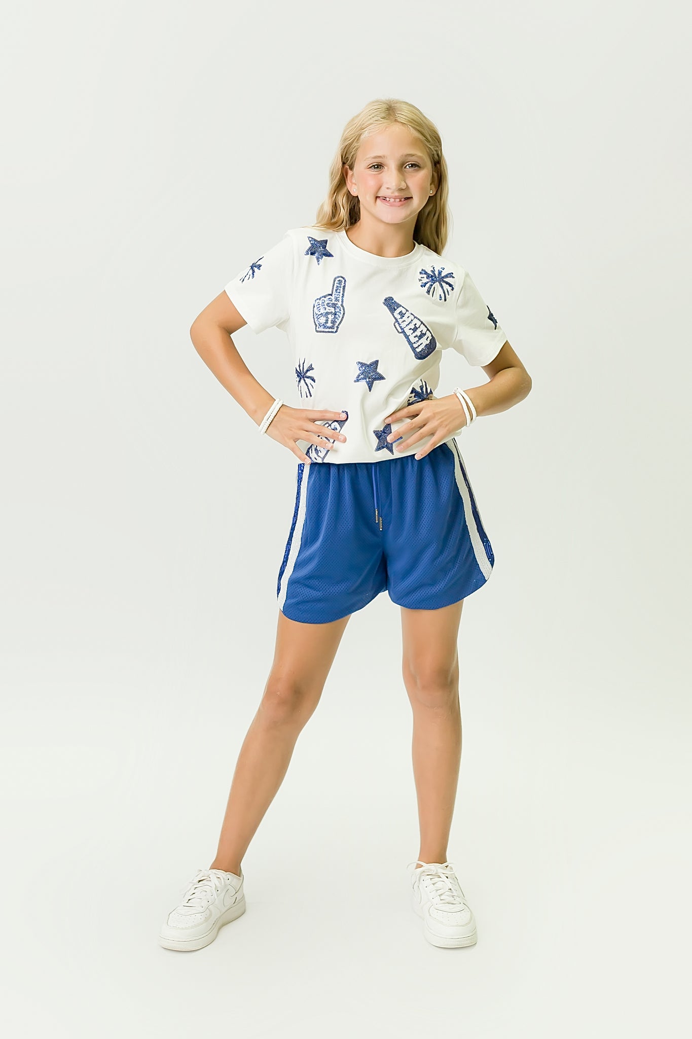 Kids' Royal Blue & White Cheer Sequin Tee
