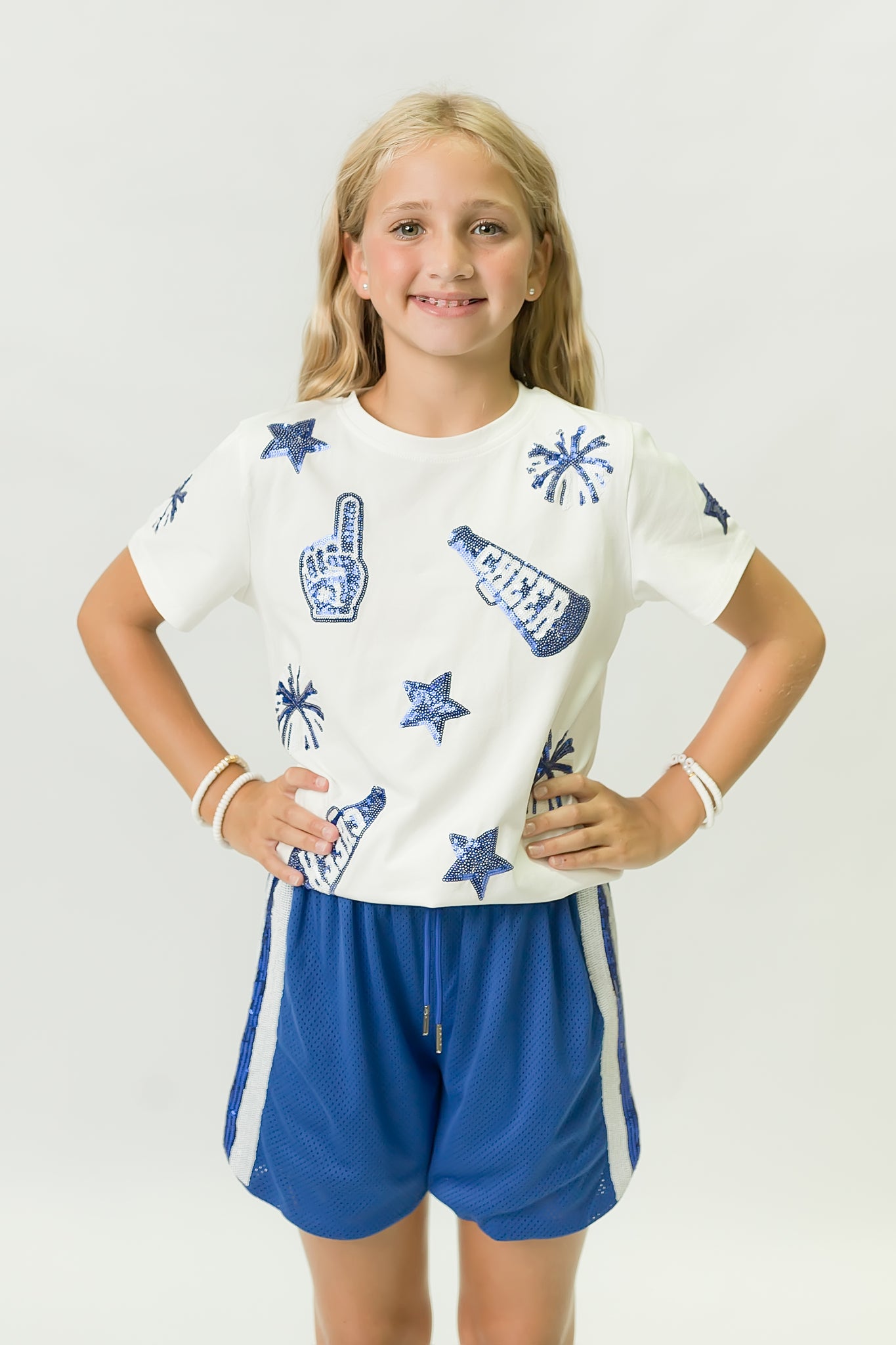 Kids' Royal Blue & White Cheer Sequin Tee