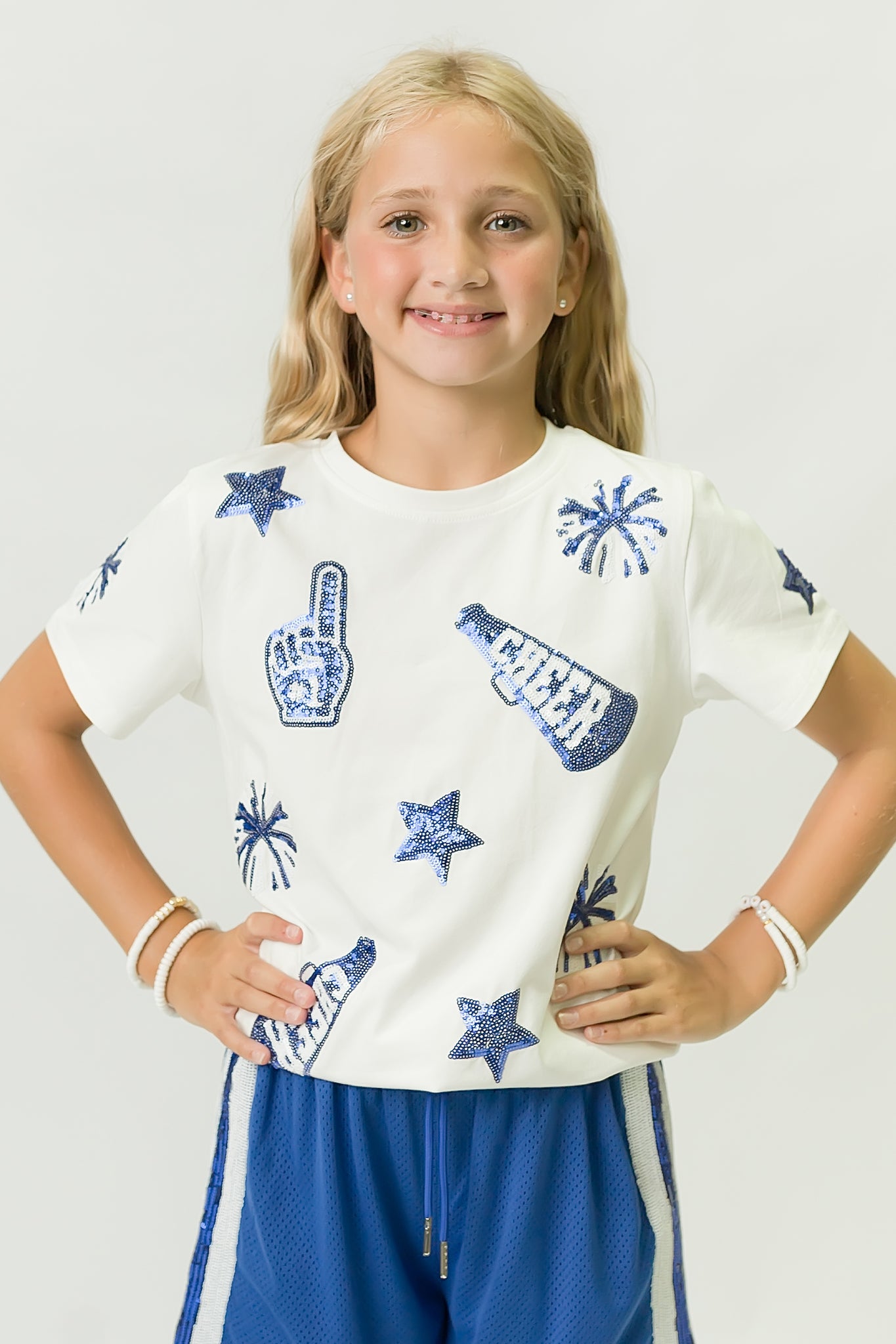 Kids' Royal Blue & White Cheer Sequin Tee