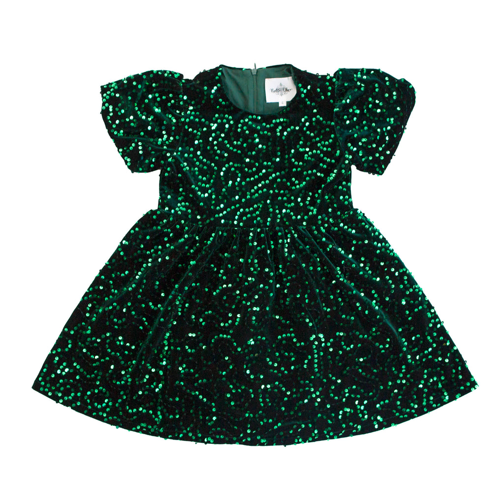 Green Sequin Velvet Kid Dress