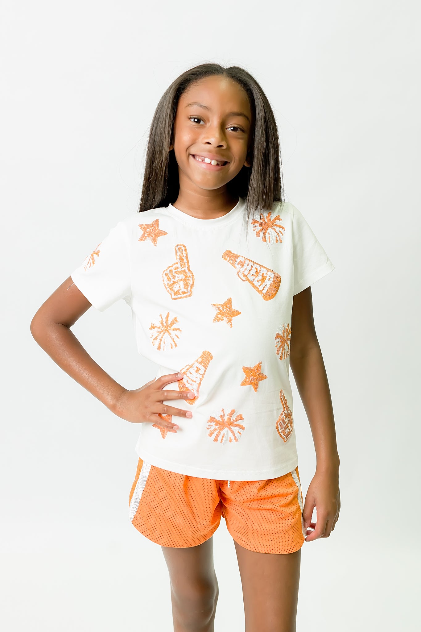 Kids' Orange & White Cheer Sequin Tee