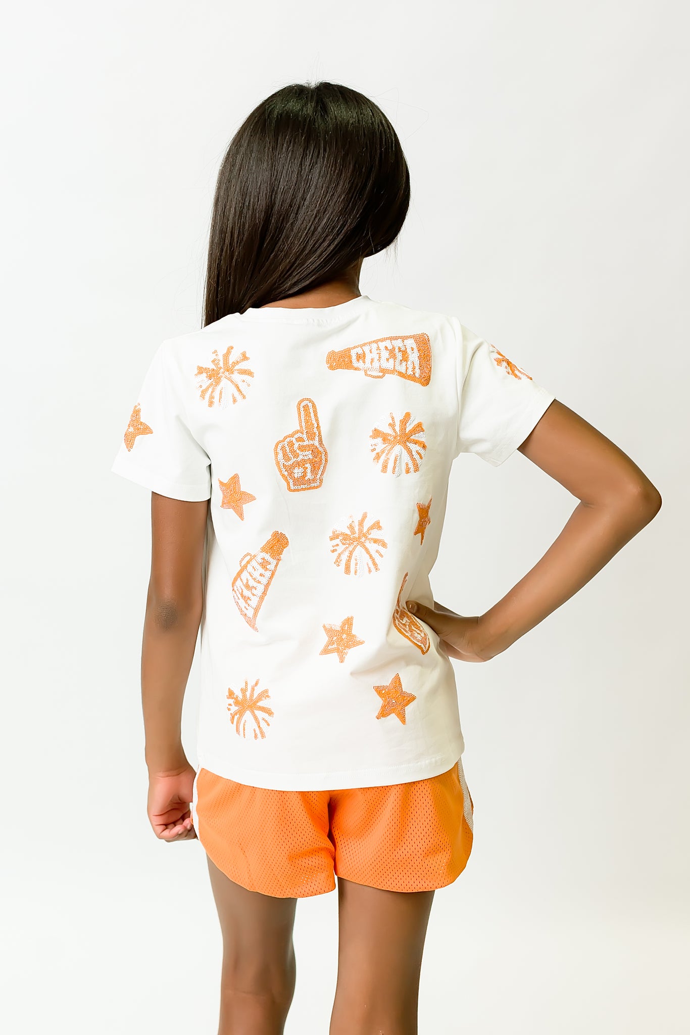 Kids' Orange & White Cheer Sequin Tee
