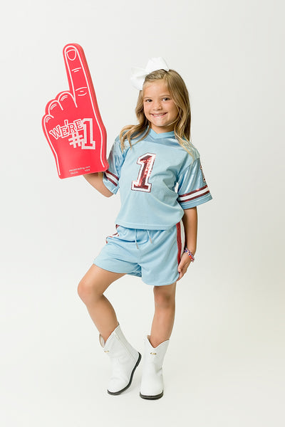 Light Blue and Red Sequin Shorts