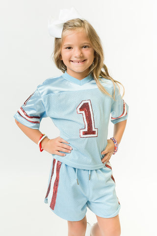 Light Blue and Red Sequin Jersey