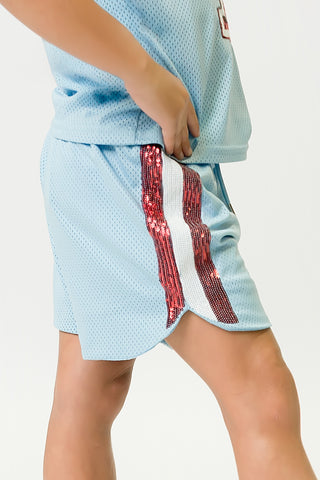 Light Blue and Red Sequin Shorts