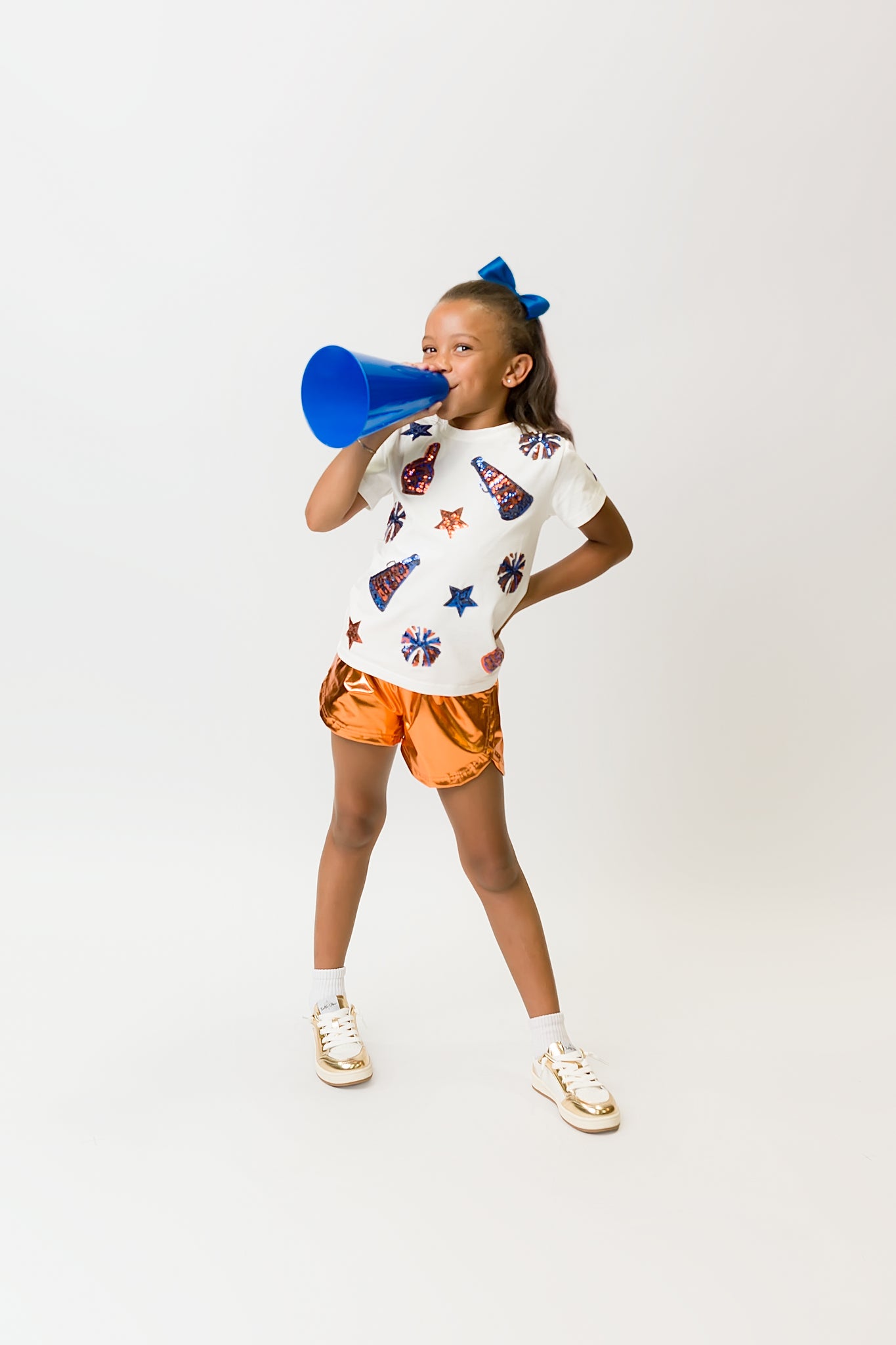 Kids' Navy & Orange Cheer Sequin Tee