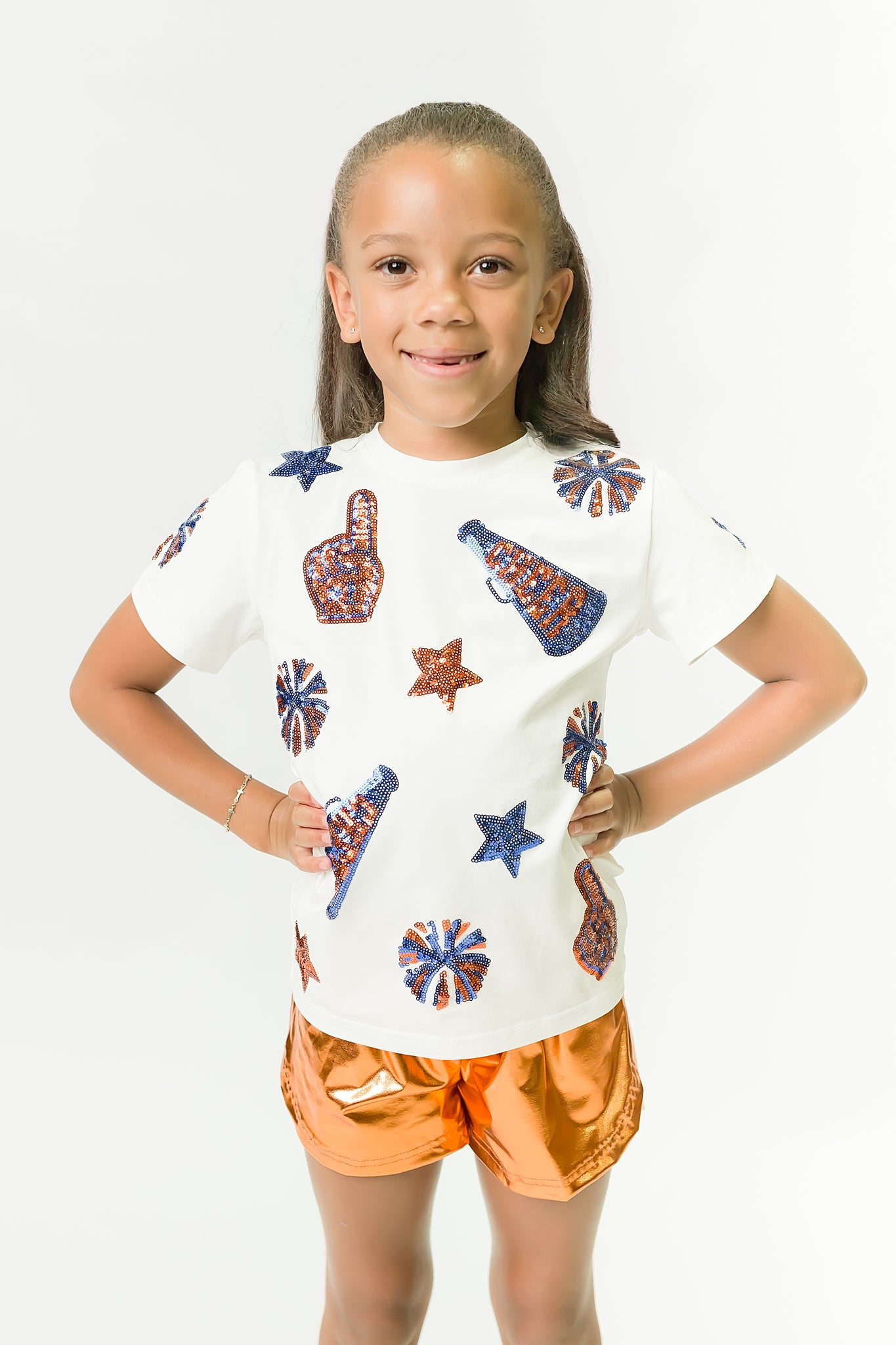 Kids' Royal Blue & Orange Cheer Sequin Tee
