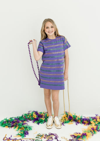 Green and Gold Sequin Striped Purple Dress