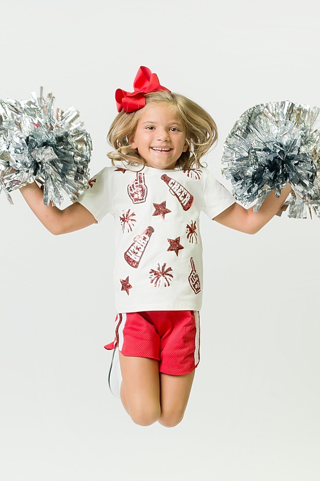 Kids' Red & White Cheer Sequin Tee