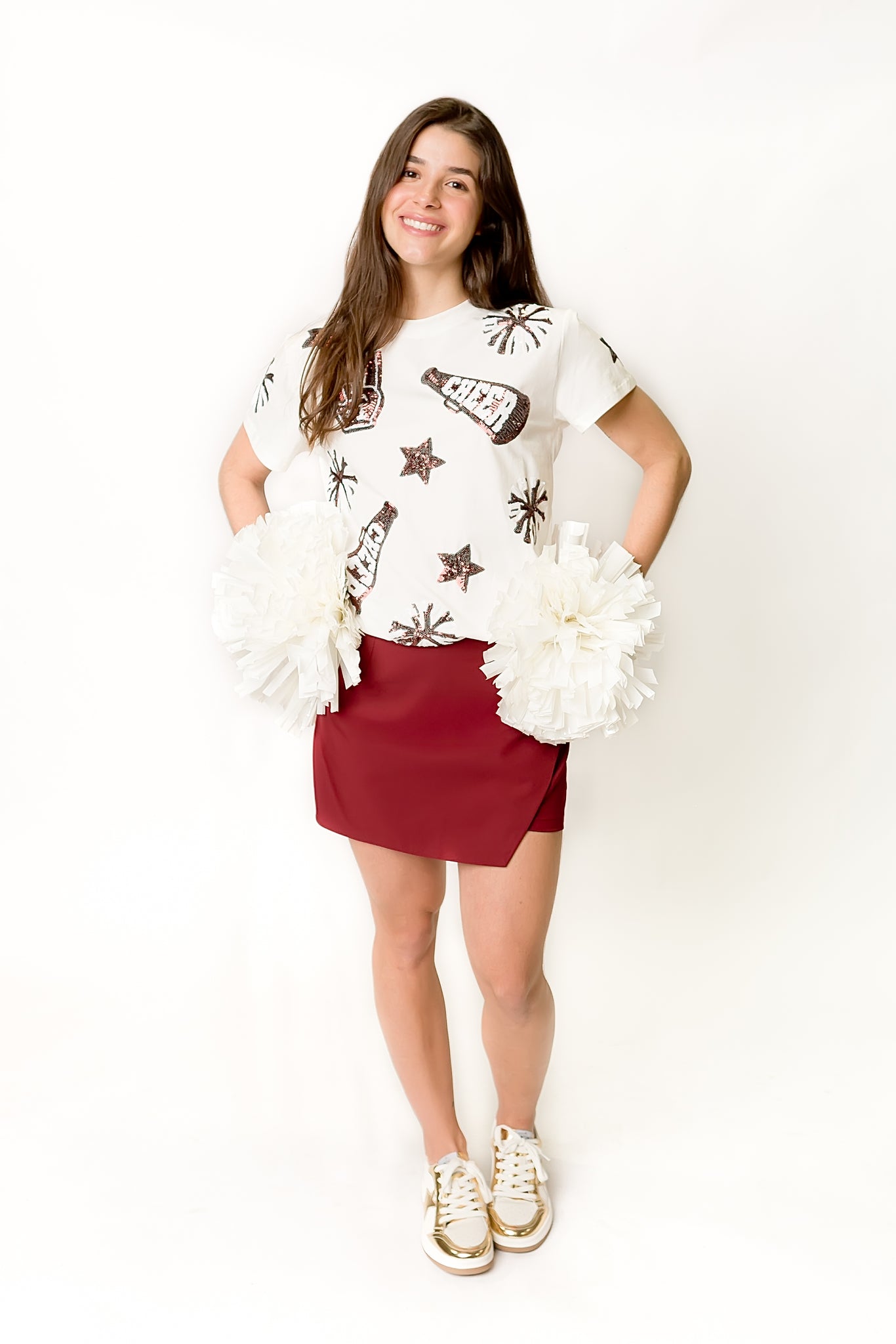 Women's Maroon & White Cheer Sequin Tee