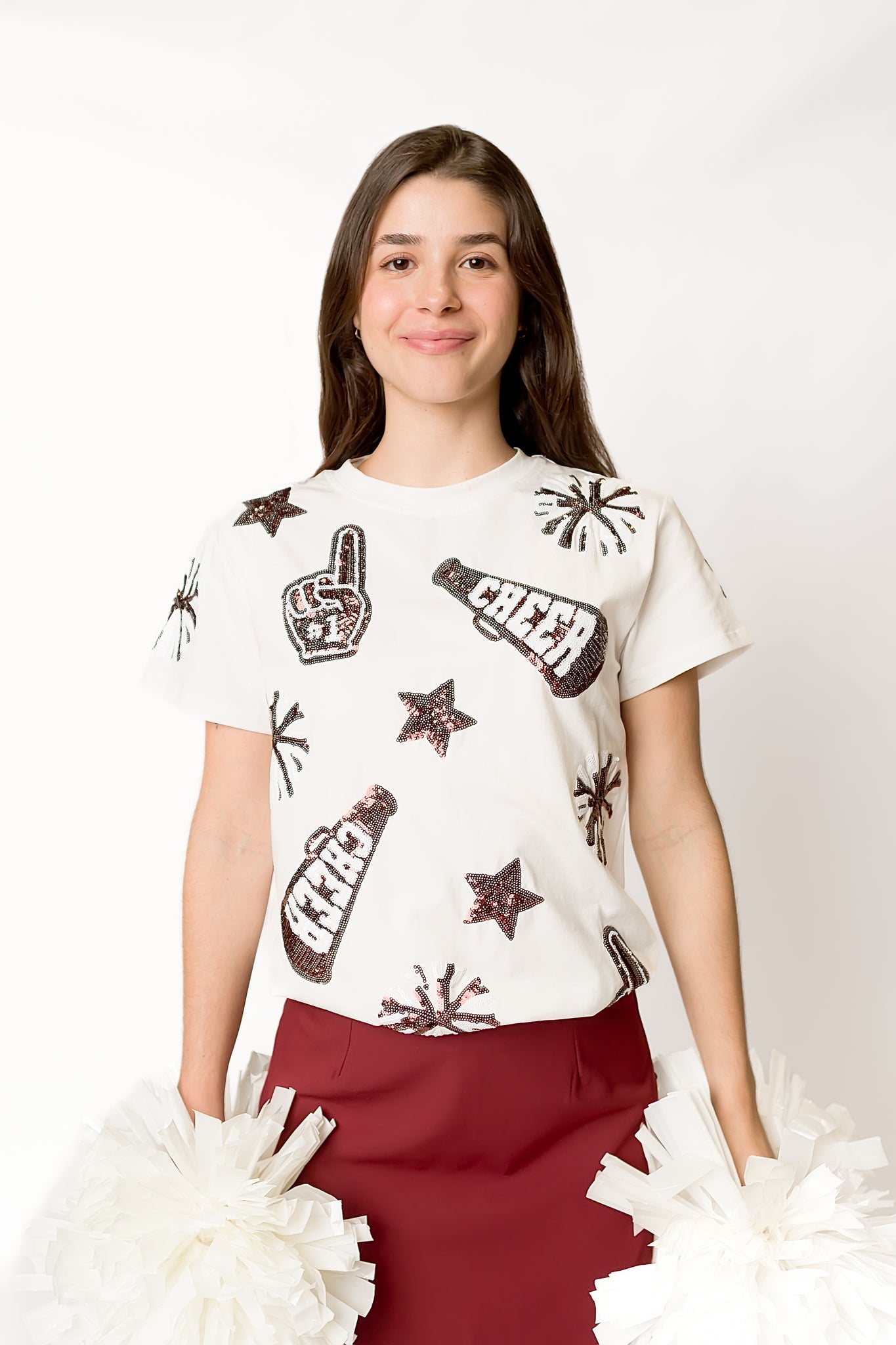 Women's Maroon & White Cheer Sequin Tee
