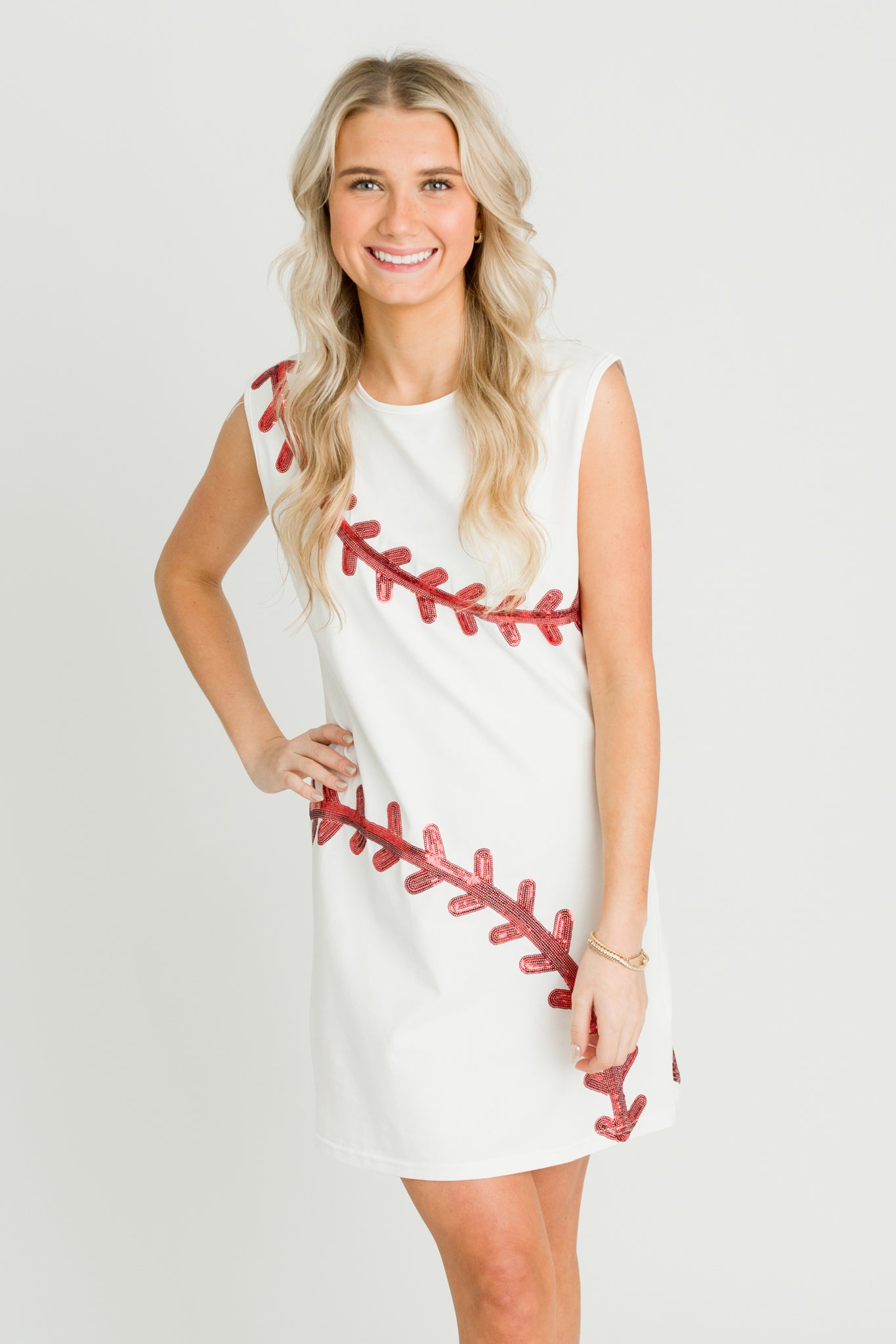 baseball sequin dress Baseball Sequin Stripe Printed Shirt Dress White