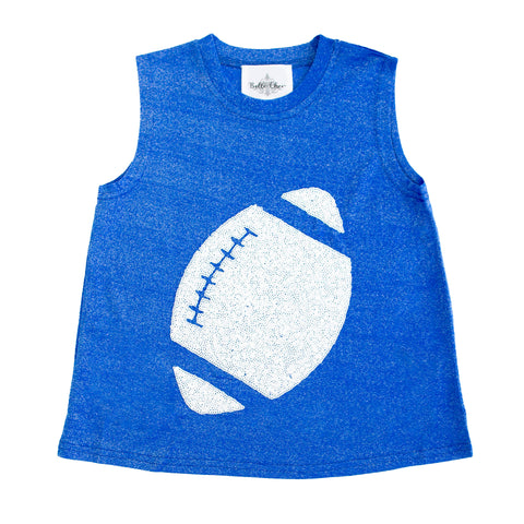 White Sequin Football Royal Blue Glitter Adult Tank