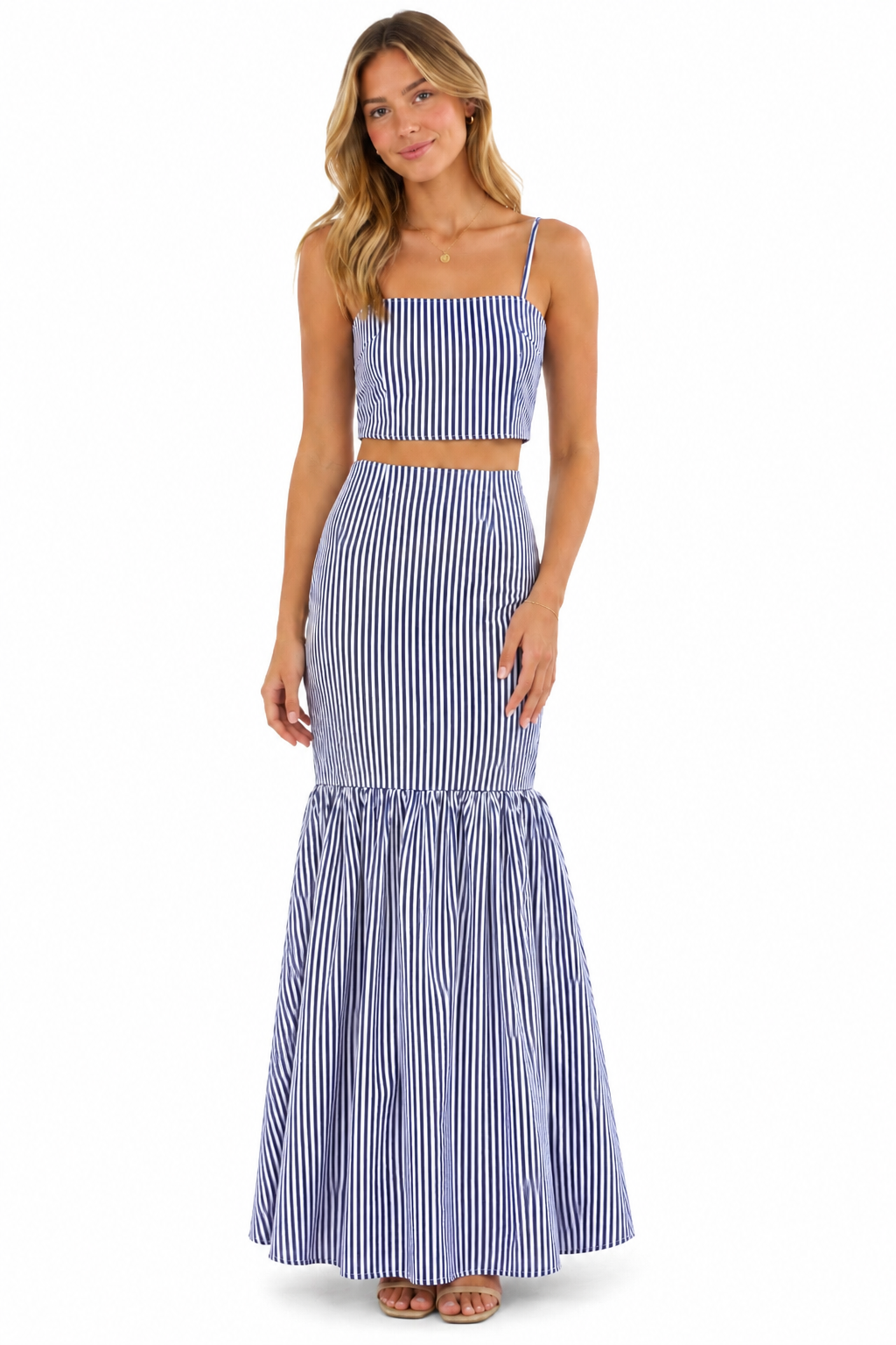 Women's Purple and White Striped Maxi Skirt Set