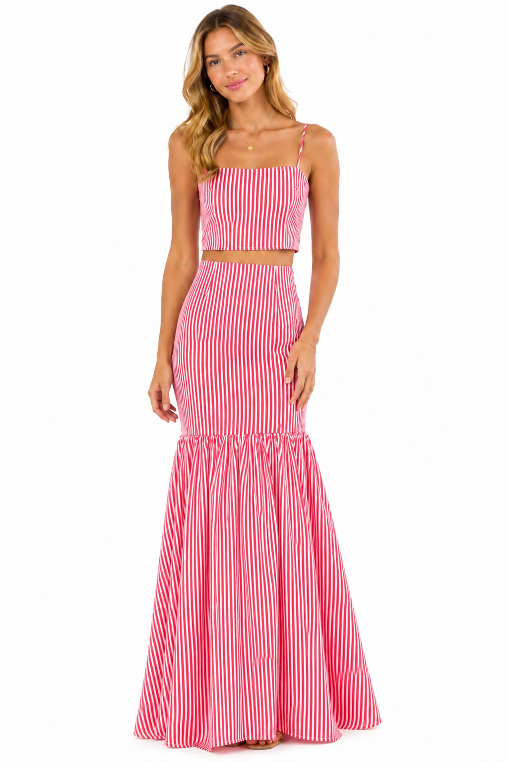 Women's Red and White Striped Maxi Skirt Set