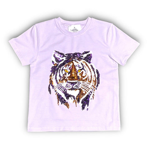 Lavender Tiger Face Sequin Adult Shirt