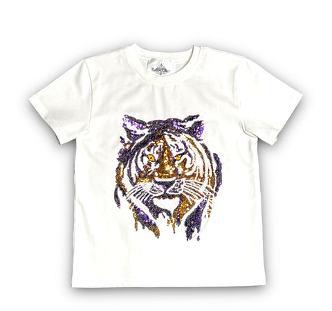 White Tiger Face Sequin Adult Shirt