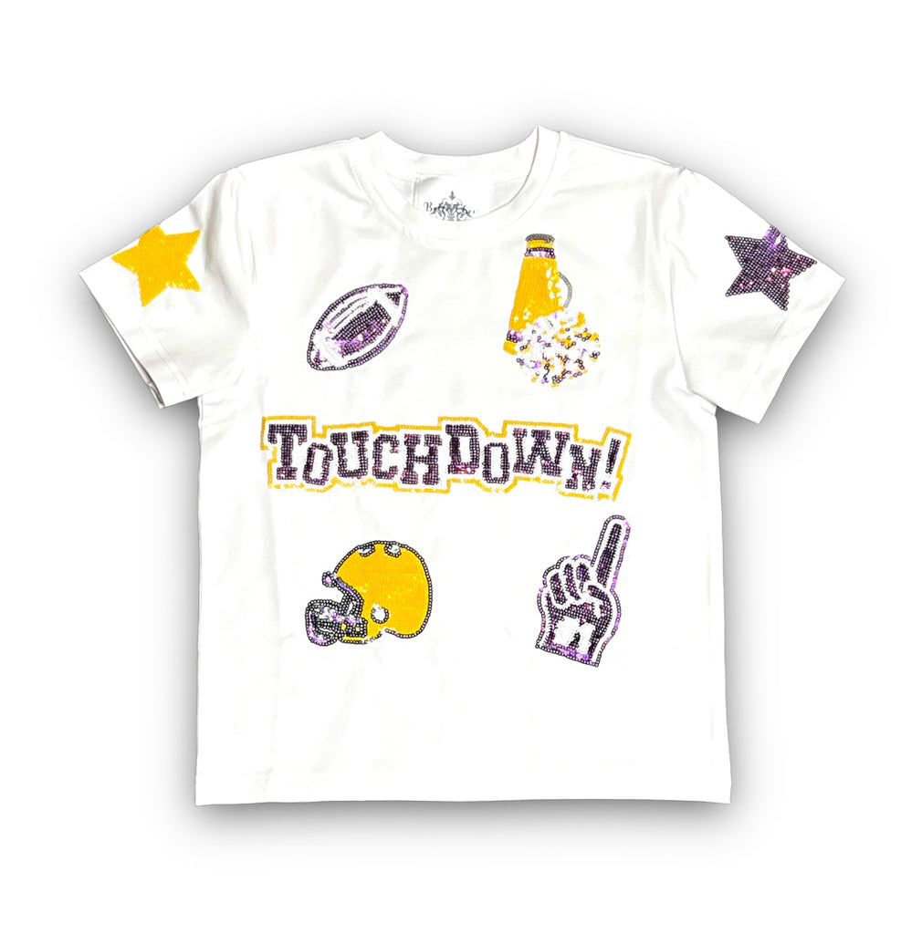 Purple and Yellow Football Collage Sequin Adult Shirt