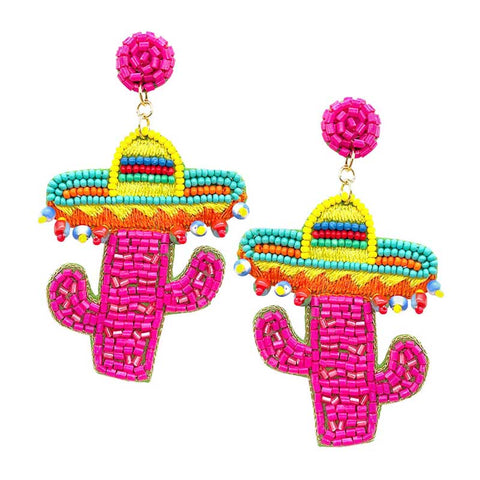 Felt Back Multi Beaded Hat Cactus Dangle Earrings