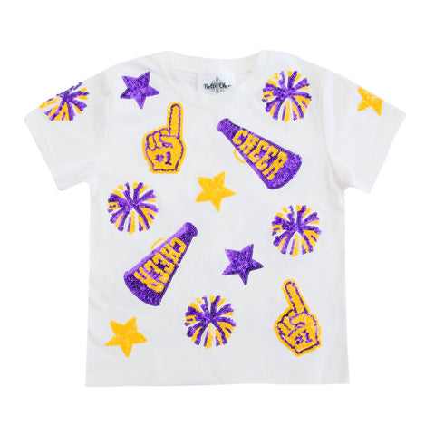 Purple And Yellow Kid Sequin Cheer Shirt