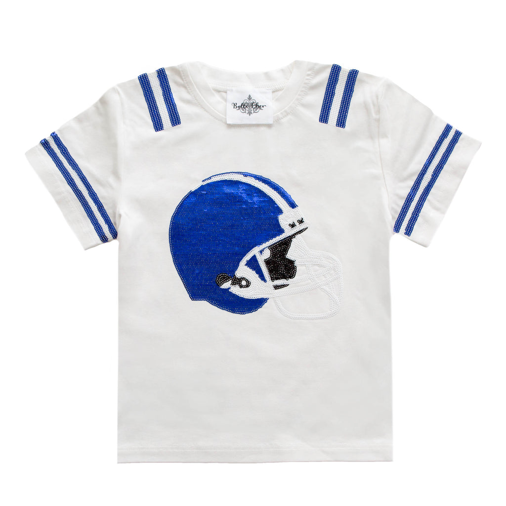 Royal Blue And White Sequin Helmet Adult Shirt