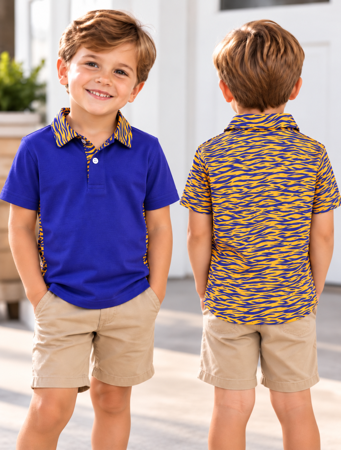 Kids' purple polo with tiger stripe back and collar