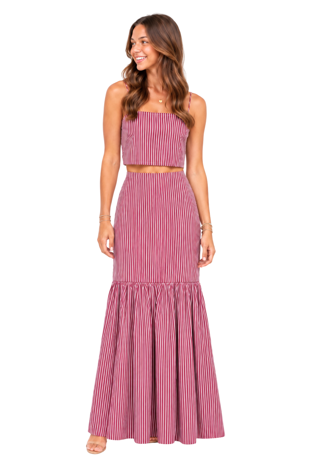 Women's Striped Maxi Skirt Set - Maroon and White