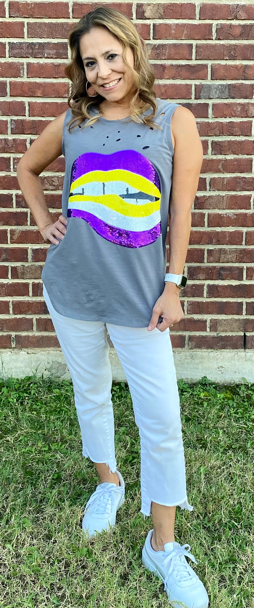 Women's distressed gray tank with purple and gold sequin lips