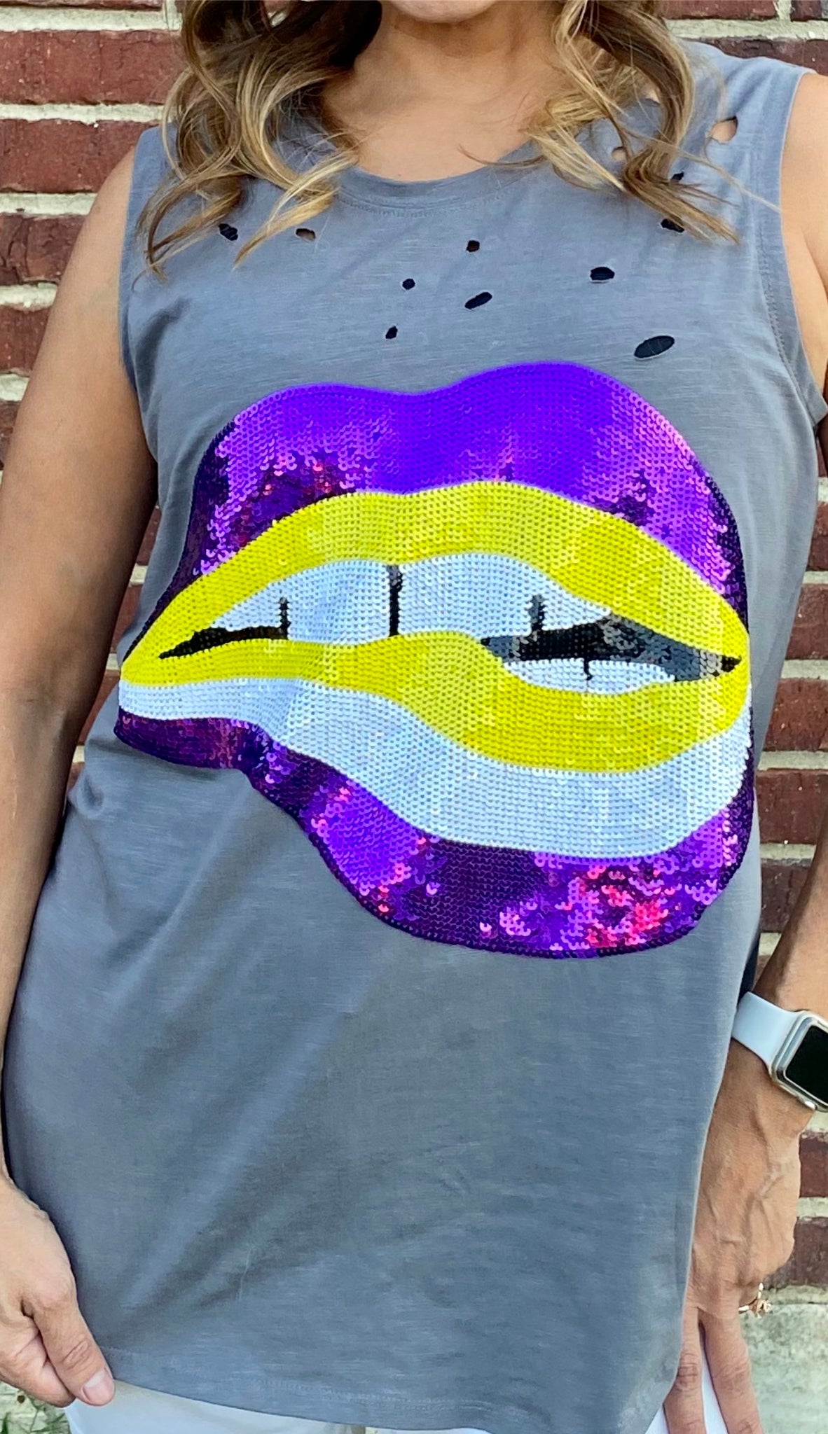 Women's distressed gray tank with purple and gold sequin lips